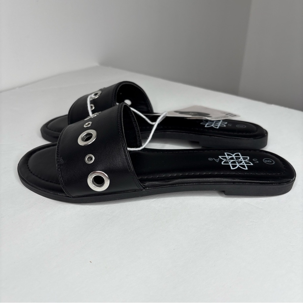 Serra Aldi Women's Slide Sandals Memory Foam Black Metal Grommets Size 9 NWT